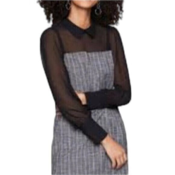 NWT BCBGeneration Black Sheer Sleeve Twill Plaid Pattern Dress - Picture 1 of 15